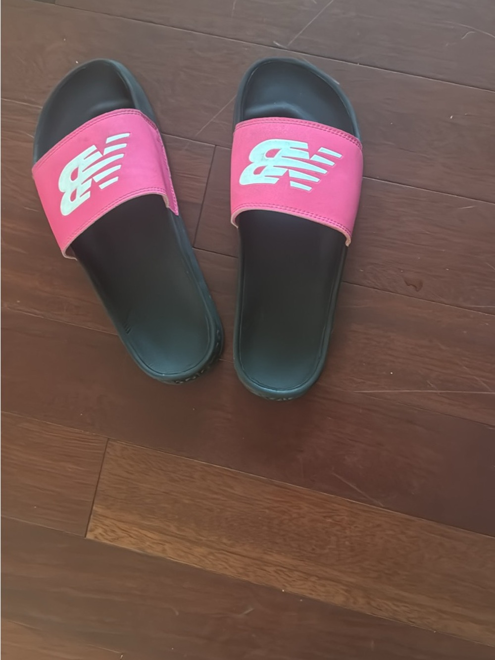 New Balance Women's Black Footbed Pink Strap Slide Sandals